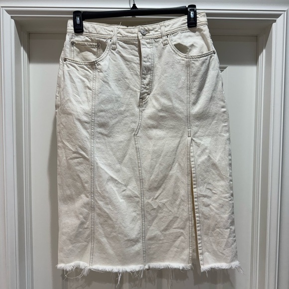 Free People We The Free Mambo Denim Midi Skirt Fringe hem 31 White wash New - Picture 6 of 16